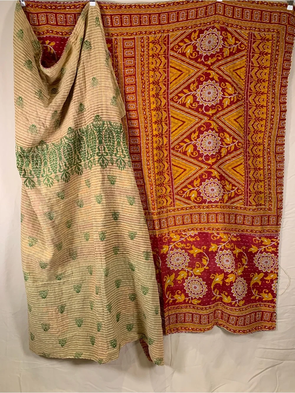 Handmade Kantha Quilt Twin Size Recycled Sari Cotton Tan Green Red Mustard